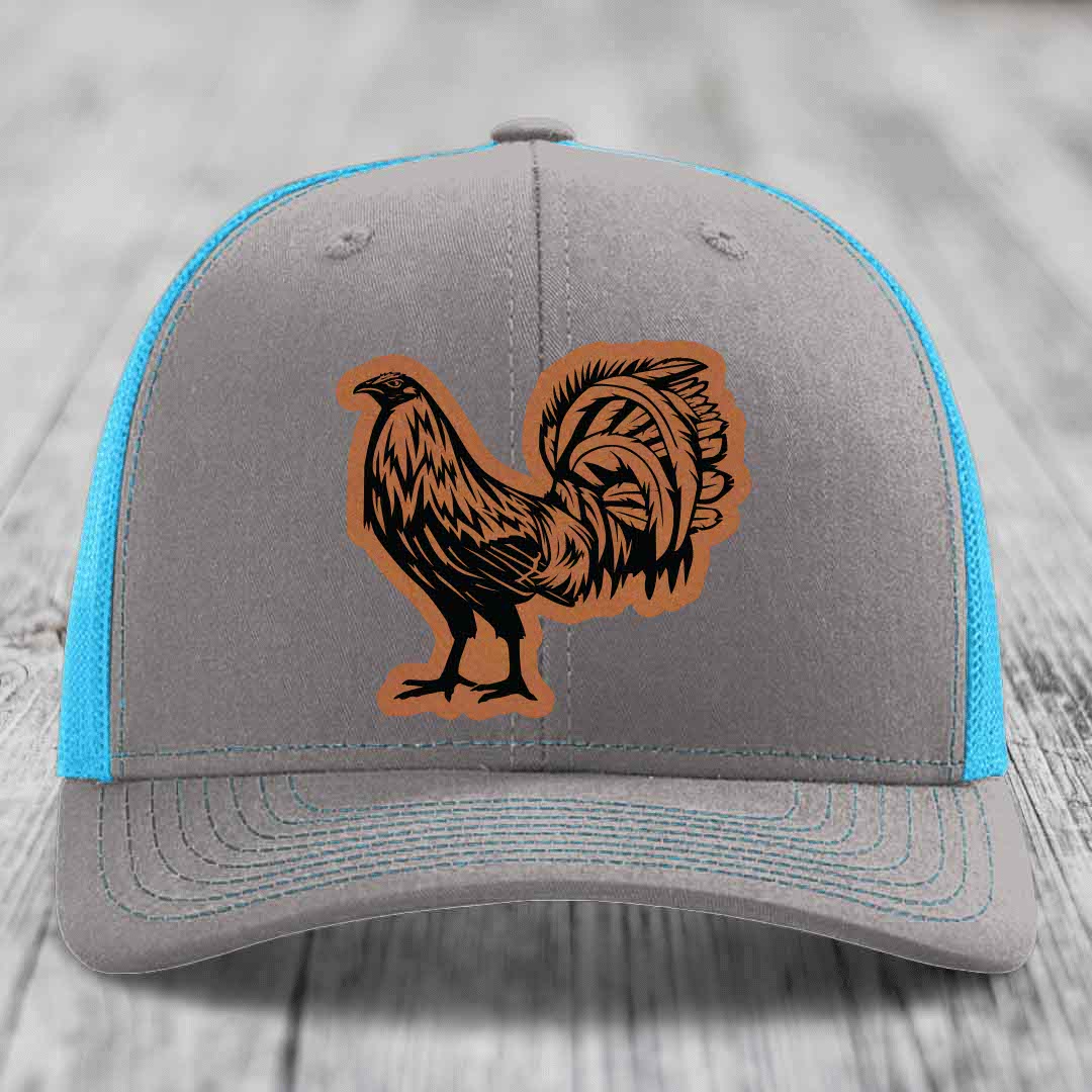 Rooster - Leather Patch Hat - Rawhide to Black Patch - Richardson 112 Snapback Trucker Hat