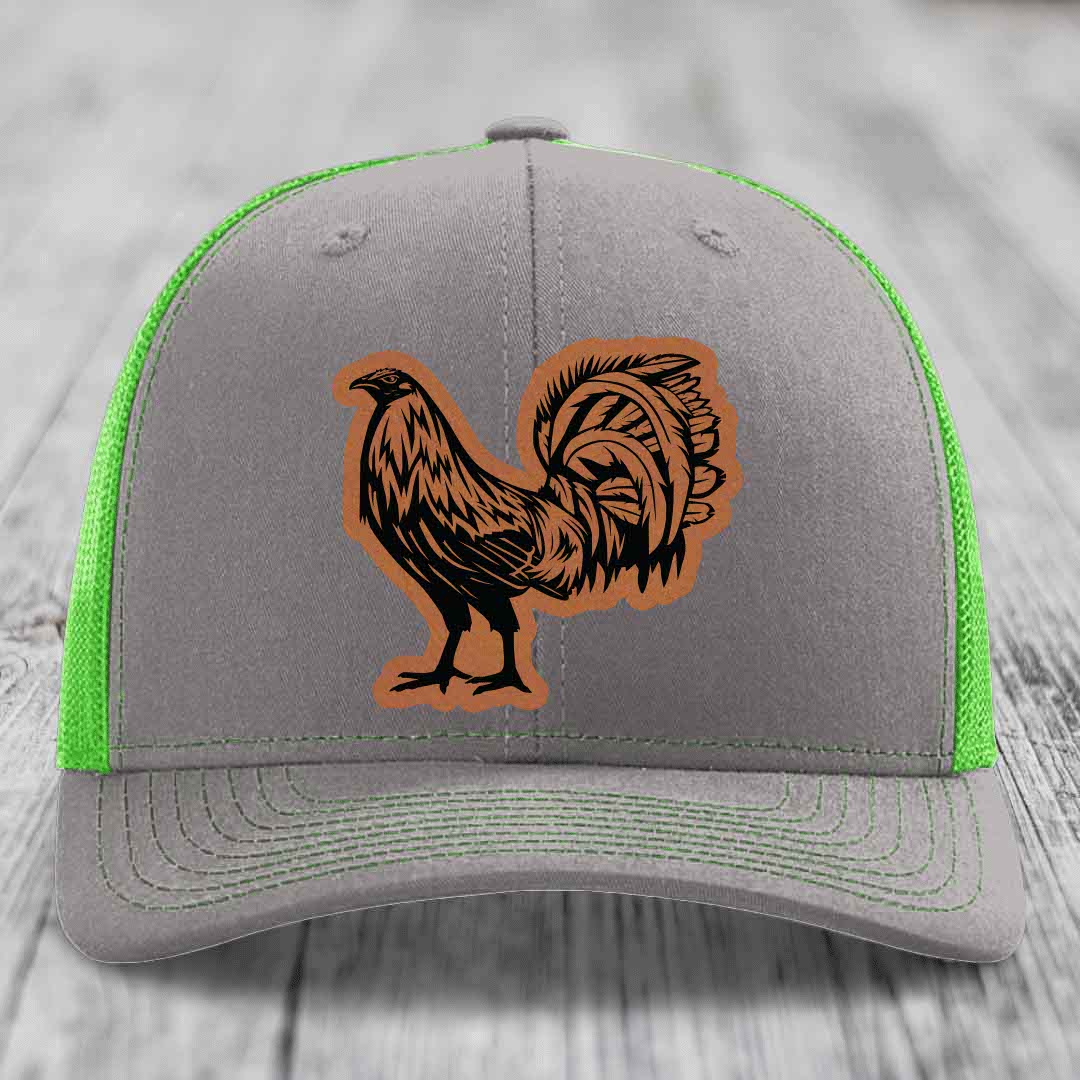 Rooster - Leather Patch Hat - Rawhide to Black Patch - Richardson 112 Snapback Trucker Hat