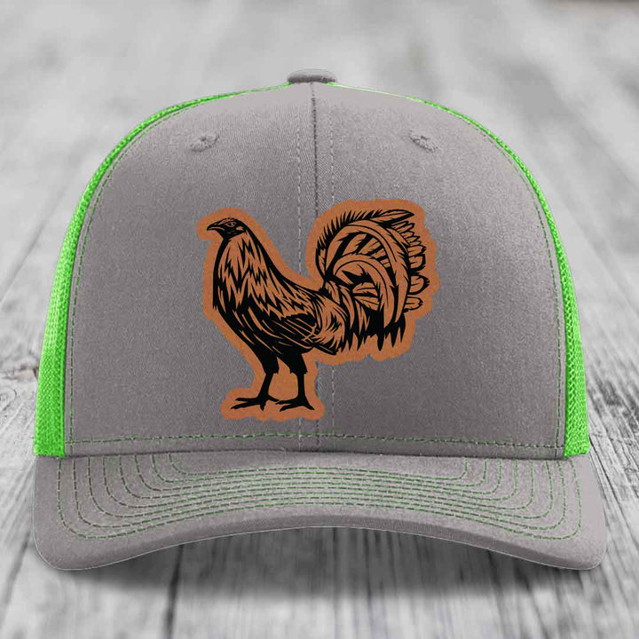 Rooster - Leather Patch Hat - Rawhide to Black Patch - Richardson 112 Snapback Trucker Hat