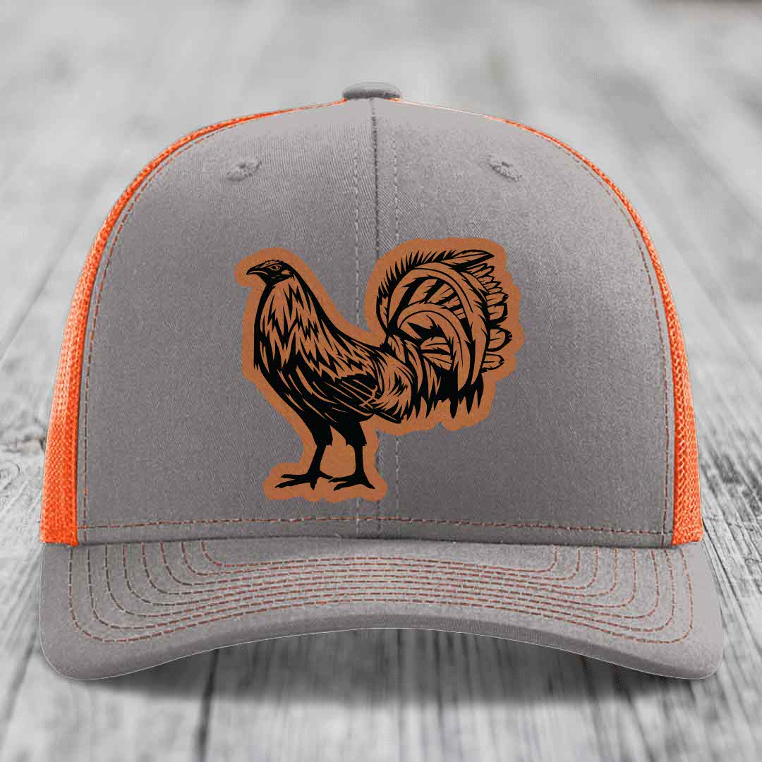 Rooster - Leather Patch Hat - Rawhide to Black Patch - Richardson 112 Snapback Trucker Hat