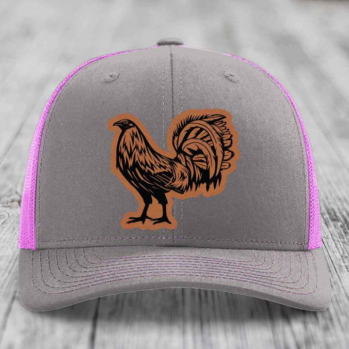 Rooster - Leather Patch Hat - Rawhide to Black Patch - Richardson 112 Snapback Trucker Hat