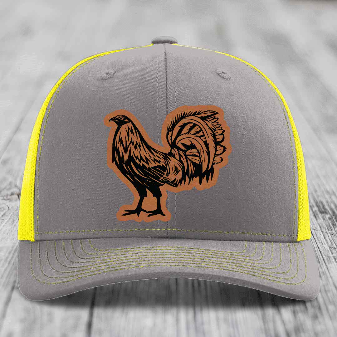 Rooster - Leather Patch Hat - Rawhide to Black Patch - Richardson 112 Snapback Trucker Hat