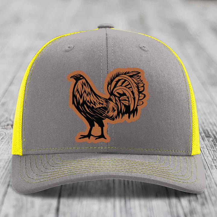 Rooster - Leather Patch Hat - Rawhide to Black Patch - Richardson 112 Snapback Trucker Hat