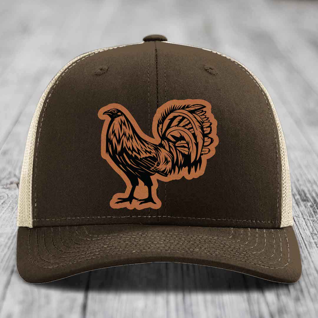 Rooster - Leather Patch Hat - Rawhide to Black Patch - Richardson 112 Snapback Trucker Hat