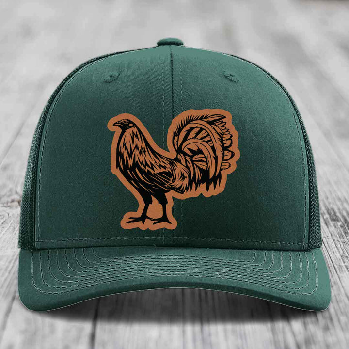 Rooster - Leather Patch Hat - Rawhide to Black Patch - Richardson 112 Snapback Trucker Hat