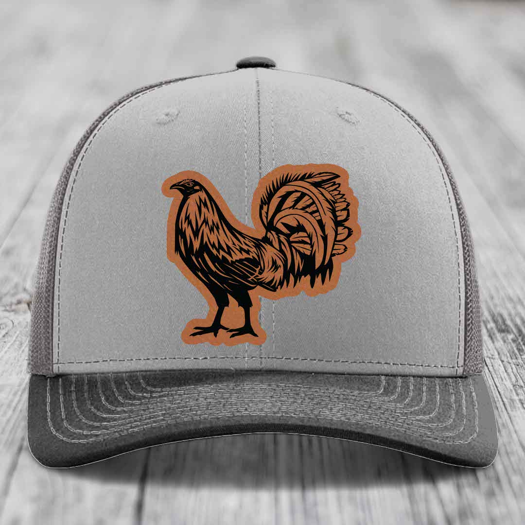 Rooster - Leather Patch Hat - Rawhide to Black Patch - Richardson 112 Snapback Trucker Hat