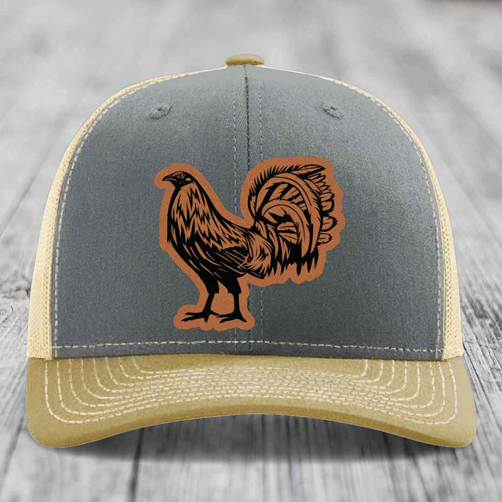 Rooster - Leather Patch Hat - Rawhide to Black Patch - Richardson 112 Snapback Trucker Hat
