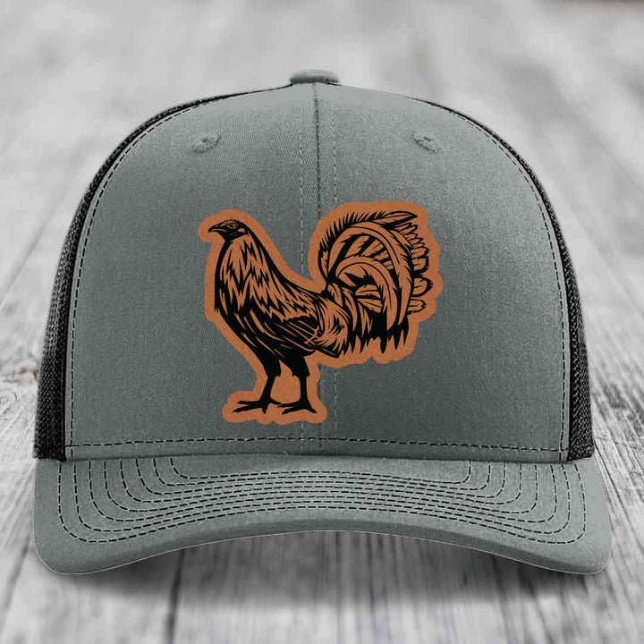 Rooster - Leather Patch Hat - Rawhide to Black Patch - Richardson 112 Snapback Trucker Hat