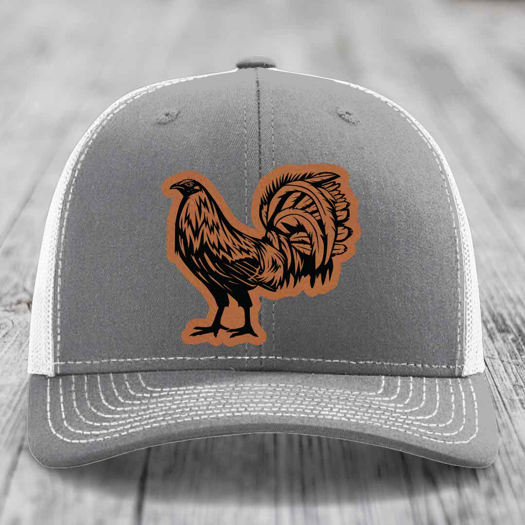 Rooster - Leather Patch Hat - Rawhide to Black Patch - Richardson 112 Snapback Trucker Hat