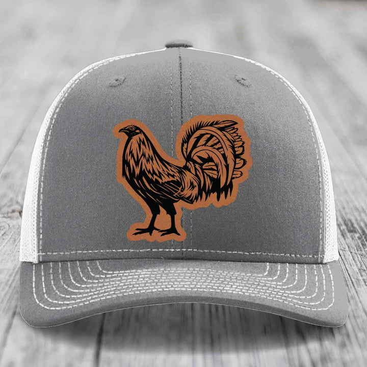 Rooster - Leather Patch Hat - Rawhide to Black Patch - Richardson 112 Snapback Trucker Hat