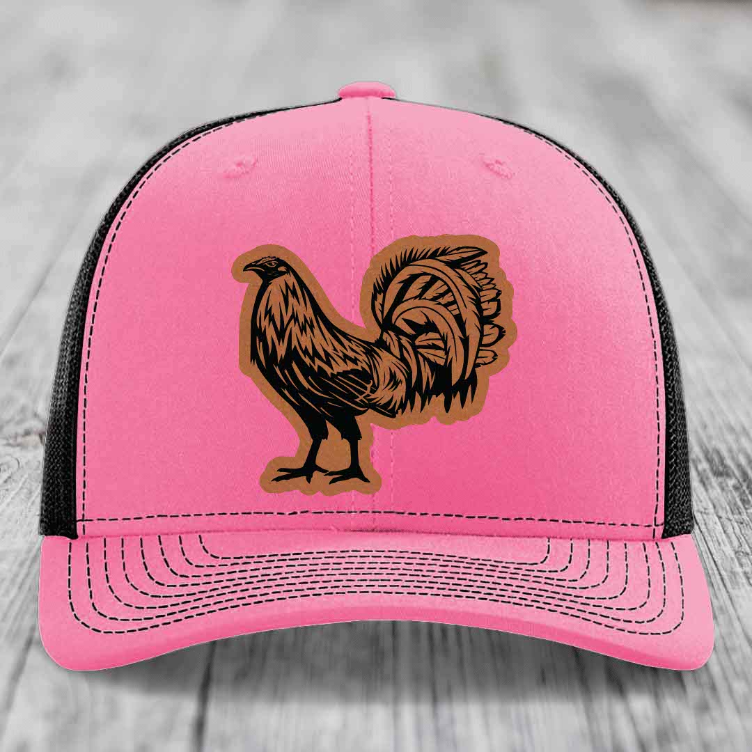 Rooster - Leather Patch Hat - Rawhide to Black Patch - Richardson 112 Snapback Trucker Hat