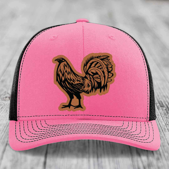 Rooster - Leather Patch Hat - Rawhide to Black Patch - Richardson 112 Snapback Trucker Hat