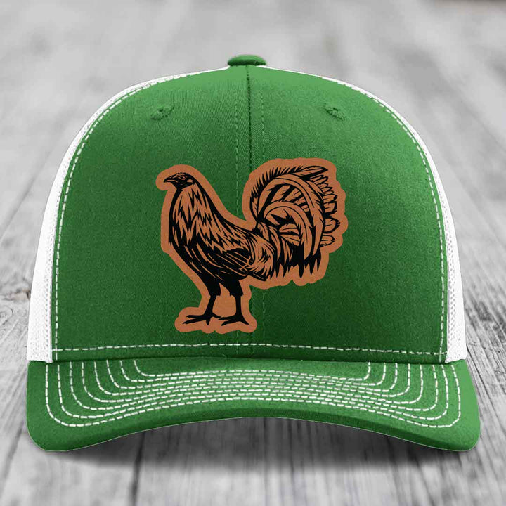 Rooster - Leather Patch Hat - Rawhide to Black Patch - Richardson 112 Snapback Trucker Hat