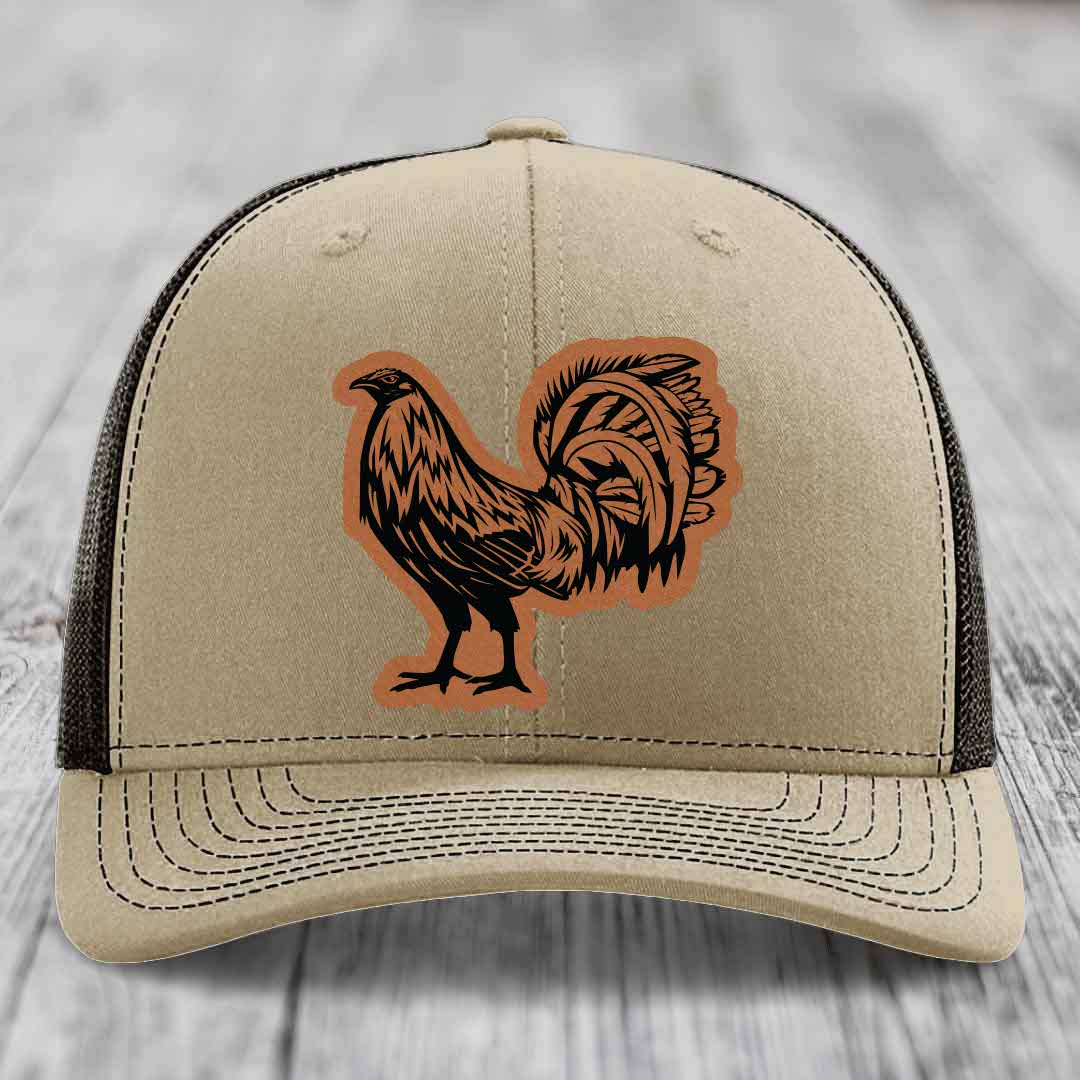 Rooster - Leather Patch Hat - Rawhide to Black Patch - Richardson 112 Snapback Trucker Hat
