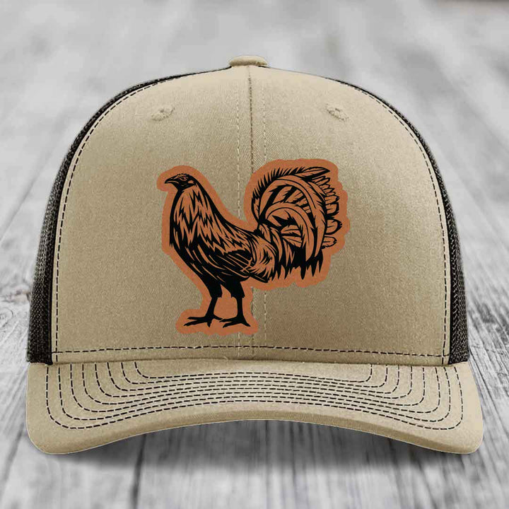 Rooster - Leather Patch Hat - Rawhide to Black Patch - Richardson 112 Snapback Trucker Hat