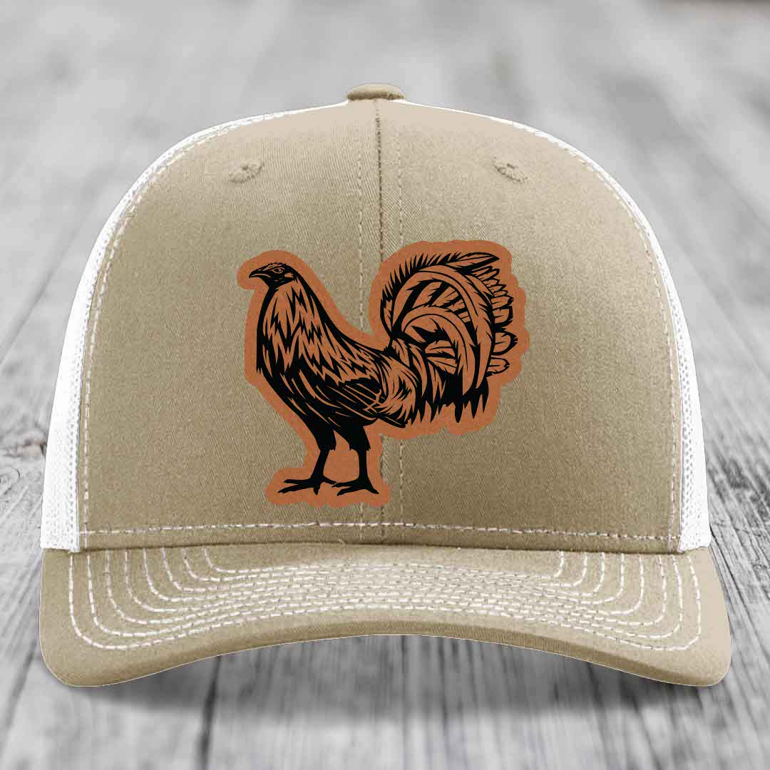 Rooster - Leather Patch Hat - Rawhide to Black Patch - Richardson 112 Snapback Trucker Hat