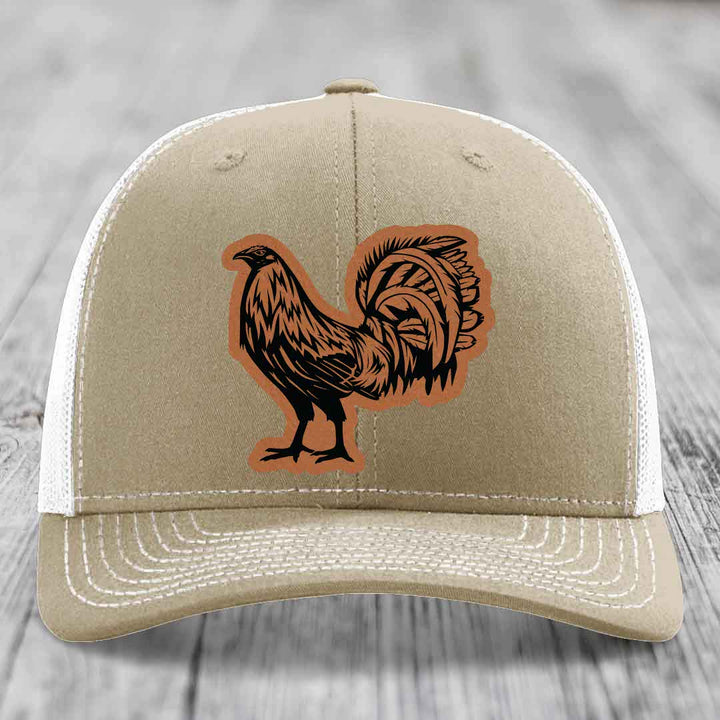 Rooster - Leather Patch Hat - Rawhide to Black Patch - Richardson 112 Snapback Trucker Hat