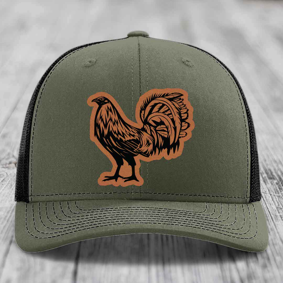 Rooster - Leather Patch Hat - Rawhide to Black Patch - Richardson 112 Snapback Trucker Hat