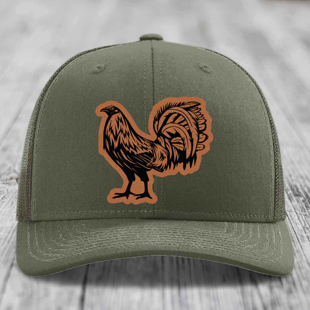 Rooster - Leather Patch Hat - Rawhide to Black Patch - Richardson 112 Snapback Trucker Hat