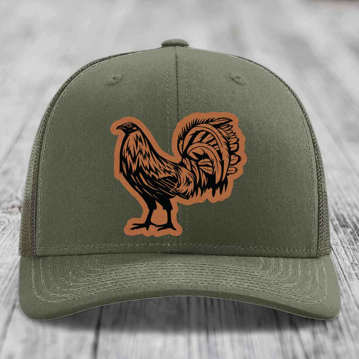 Rooster - Leather Patch Hat - Rawhide to Black Patch - Richardson 112 Snapback Trucker Hat
