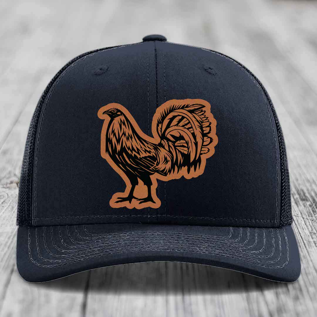 Rooster - Leather Patch Hat - Rawhide to Black Patch - Richardson 112 Snapback Trucker Hat
