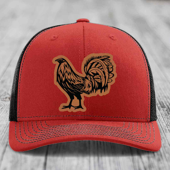 Rooster - Leather Patch Hat - Rawhide to Black Patch - Richardson 112 Snapback Trucker Hat