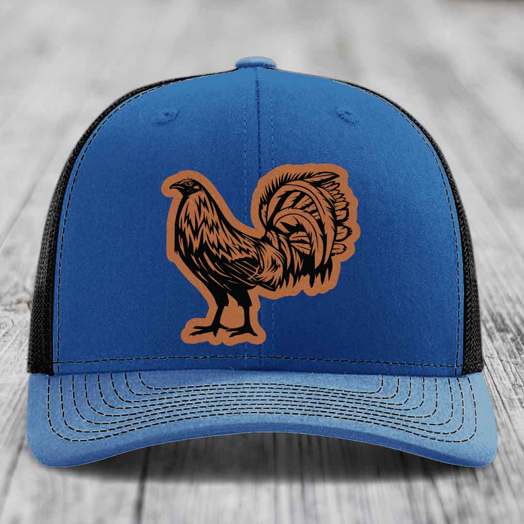 Rooster - Leather Patch Hat - Rawhide to Black Patch - Richardson 112 Snapback Trucker Hat