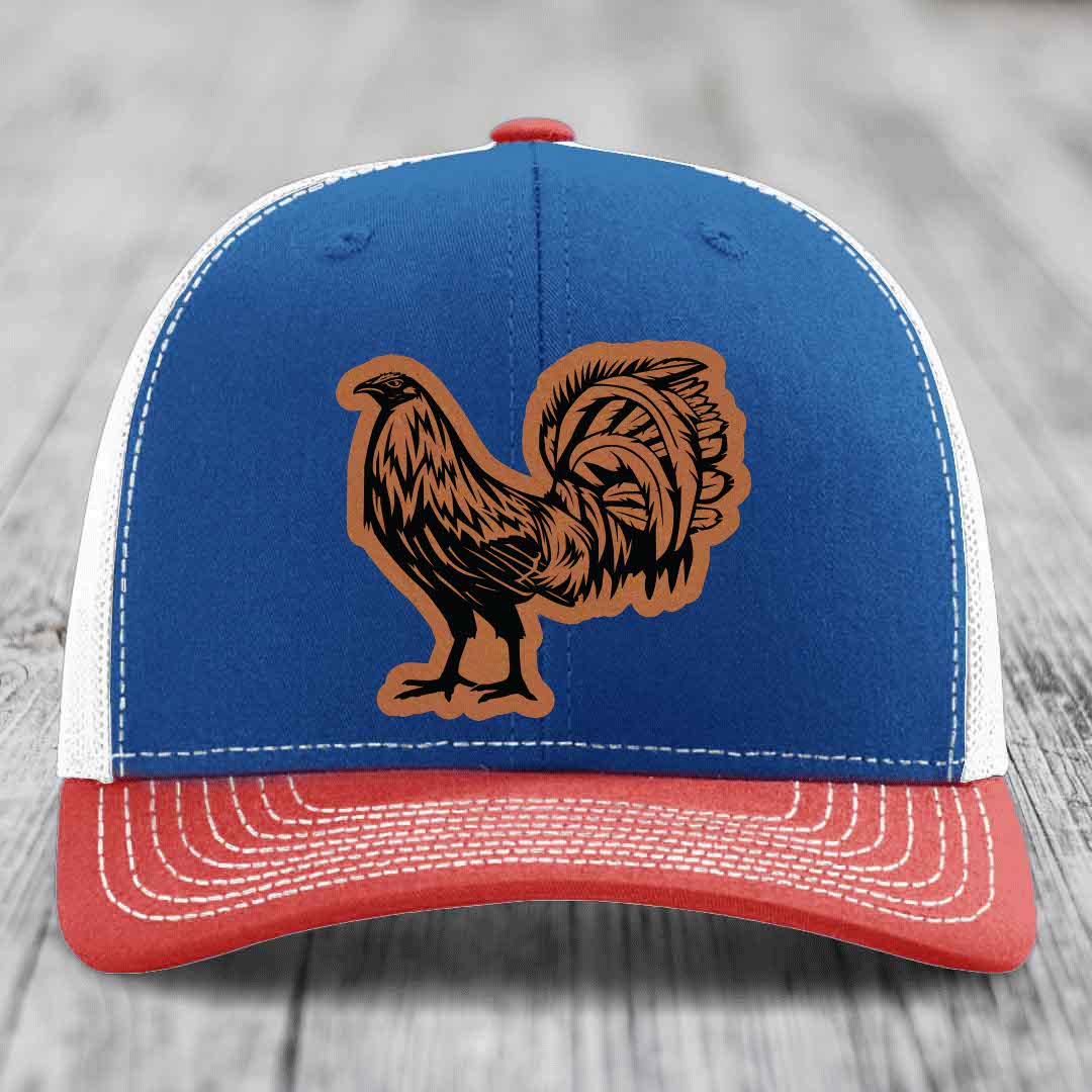 Rooster - Leather Patch Hat - Rawhide to Black Patch - Richardson 112 Snapback Trucker Hat