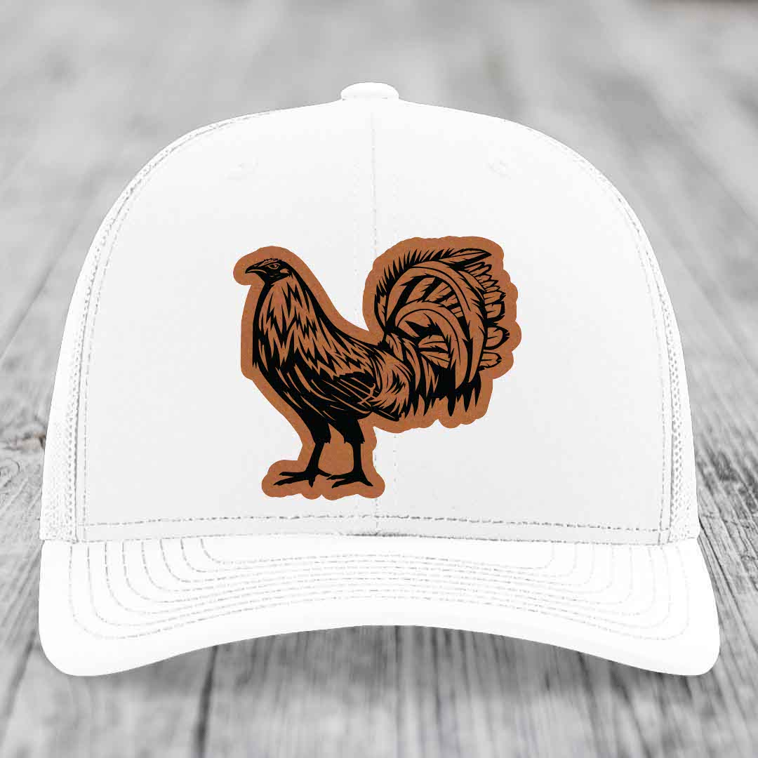 Rooster - Leather Patch Hat - Rawhide to Black Patch - Richardson 112 Snapback Trucker Hat