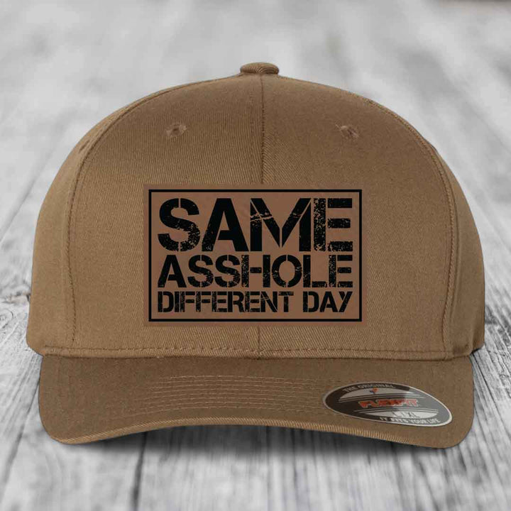 Same Asshole, Different Day - Leather Patch Hat - Dark Brown to Black Patch - Flexfit 6277 Fitted Hat