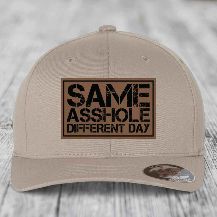 Same Asshole, Different Day - Leather Patch Hat - Dark Brown to Black Patch - Flexfit 6277 Fitted Hat