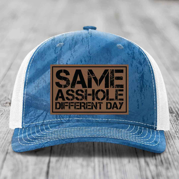 Same Asshole, Different Day - Leather Patch Hat - Dark Brown to Black Patch - Richardson 112PFP Snapback Trucker Hat