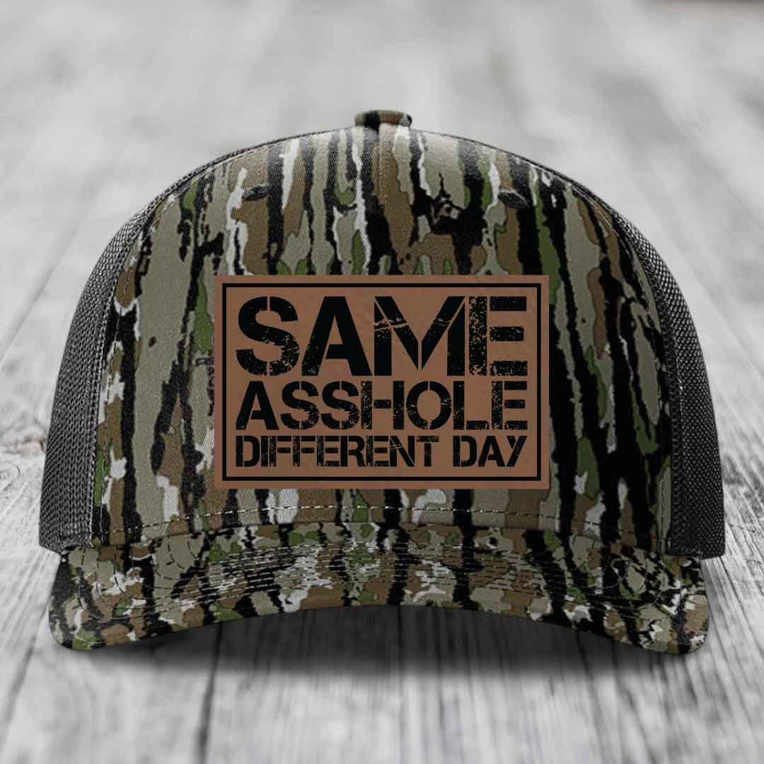 Same Asshole, Different Day - Leather Patch Hat - Dark Brown to Black Patch - Richardson 112PFP Snapback Trucker Hat