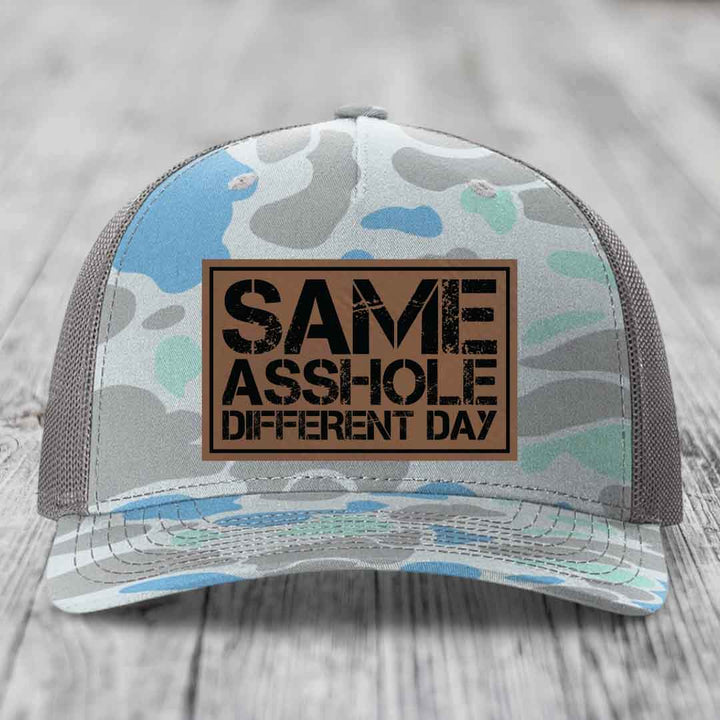 Same Asshole, Different Day - Leather Patch Hat - Dark Brown to Black Patch - Richardson 112PFP Snapback Trucker Hat
