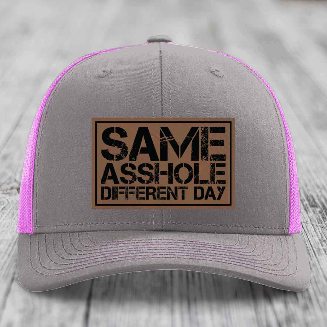 Same Asshole, Different Day - Leather Patch Hat - Dark Brown to Black Patch - Richardson 112 Snapback Trucker Hat