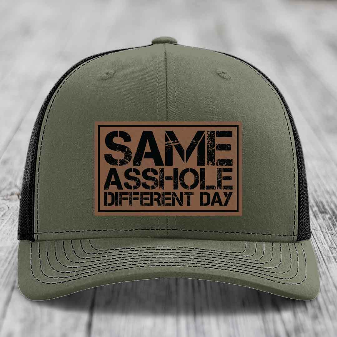 Same Asshole, Different Day - Leather Patch Hat - Dark Brown to Black Patch - Richardson 112 Snapback Trucker Hat