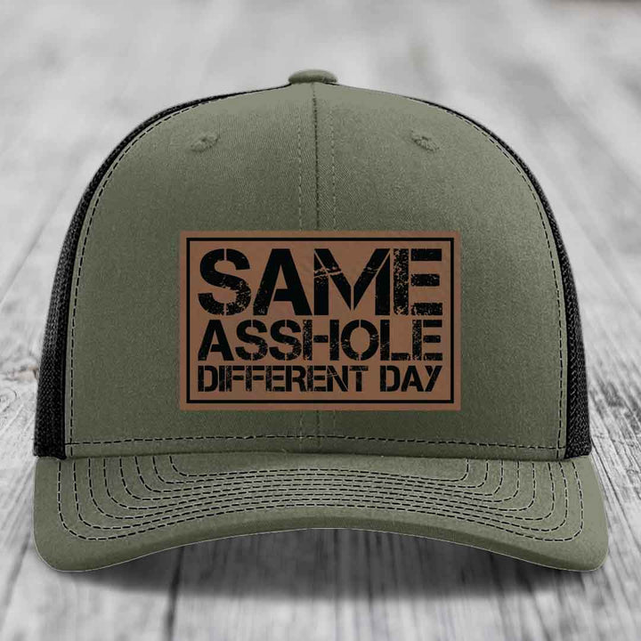 Same Asshole, Different Day - Leather Patch Hat - Dark Brown to Black Patch - Richardson 112 Snapback Trucker Hat