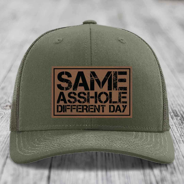 Same Asshole, Different Day - Leather Patch Hat - Dark Brown to Black Patch - Richardson 112 Snapback Trucker Hat