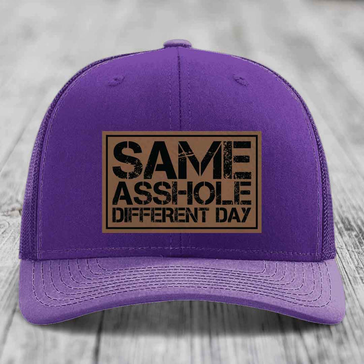 Same Asshole, Different Day - Leather Patch Hat - Dark Brown to Black Patch - Richardson 112 Snapback Trucker Hat