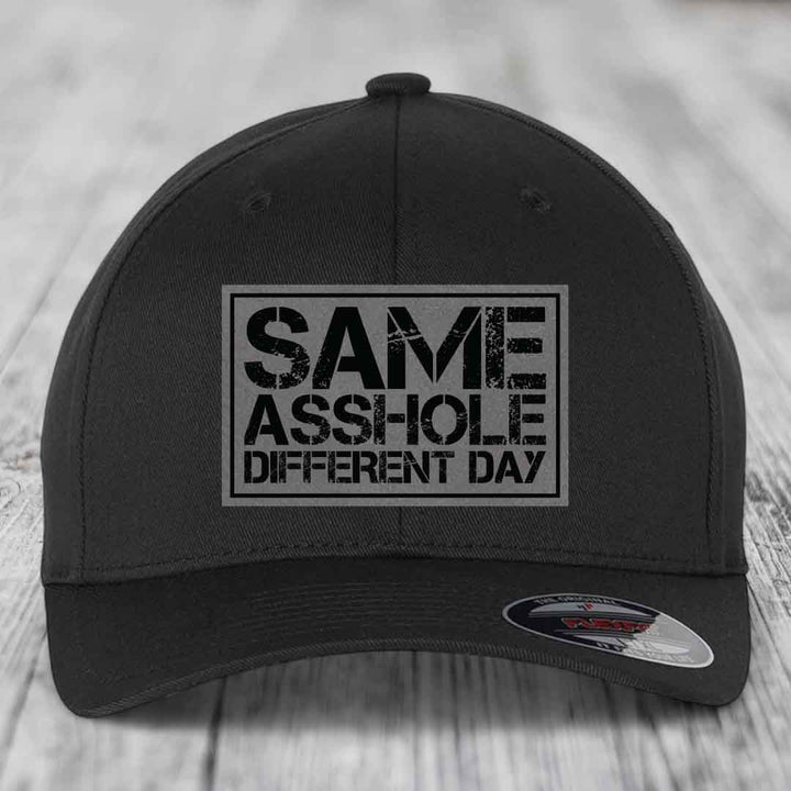 Same Asshole, Different Day - Leather Patch Hat - Grey to Black Patch - Flexfit 6277 Fitted Hat