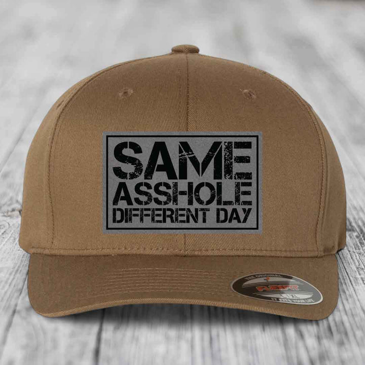 Same Asshole, Different Day - Leather Patch Hat - Grey to Black Patch - Flexfit 6277 Fitted Hat