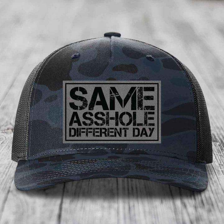 Same Asshole, Different Day - Leather Patch Hat - Grey to Black Patch - Richardson 112PFP Snapback Trucker Hat