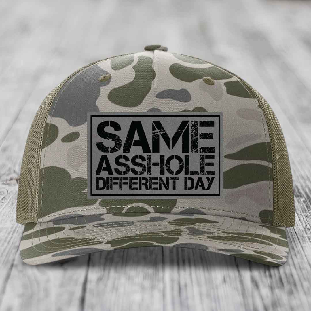 Same Asshole, Different Day - Leather Patch Hat - Grey to Black Patch - Richardson 112PFP Snapback Trucker Hat
