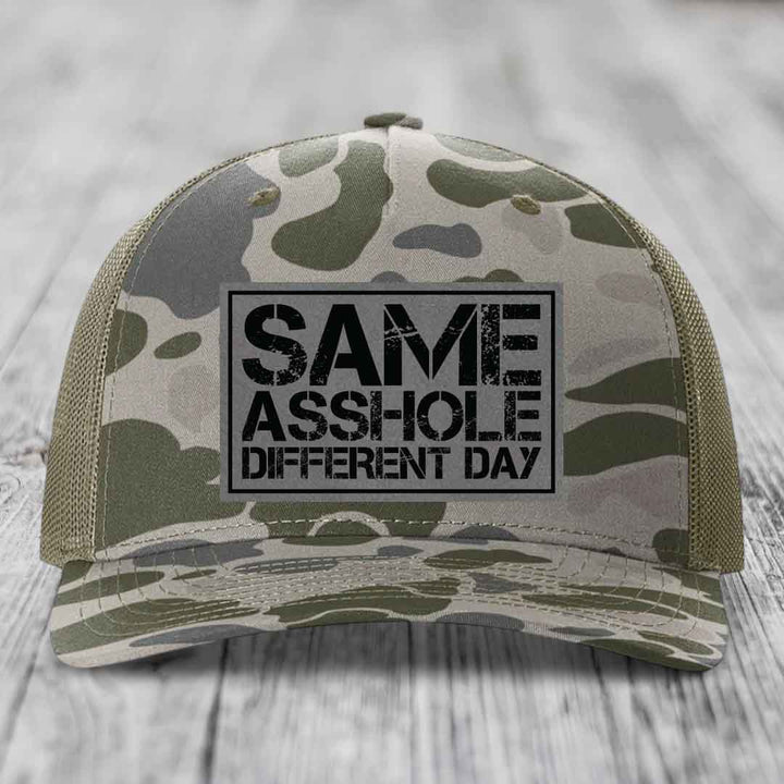 Same Asshole, Different Day - Leather Patch Hat - Grey to Black Patch - Richardson 112PFP Snapback Trucker Hat