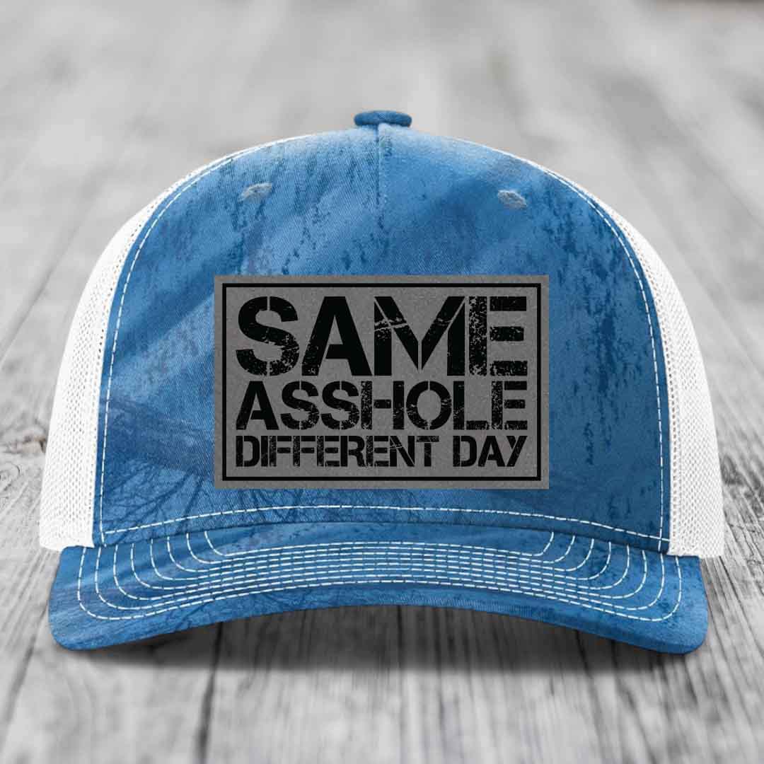 Same Asshole, Different Day - Leather Patch Hat - Grey to Black Patch - Richardson 112PFP Snapback Trucker Hat