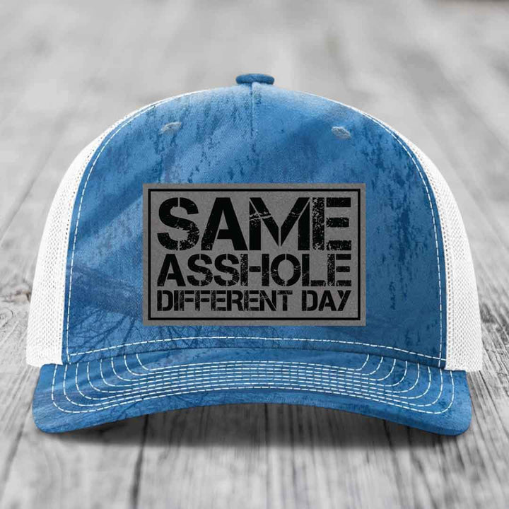 Same Asshole, Different Day - Leather Patch Hat - Grey to Black Patch - Richardson 112PFP Snapback Trucker Hat