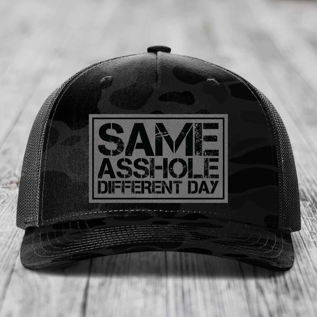 Same Asshole, Different Day - Leather Patch Hat - Grey to Black Patch - Richardson 112PFP Snapback Trucker Hat
