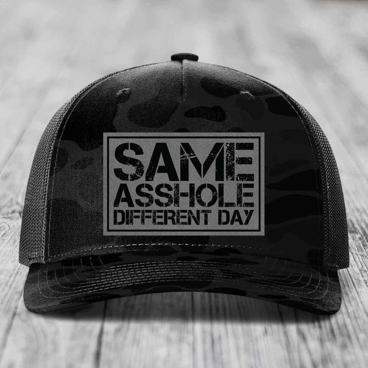 Same Asshole, Different Day - Leather Patch Hat - Grey to Black Patch - Richardson 112PFP Snapback Trucker Hat