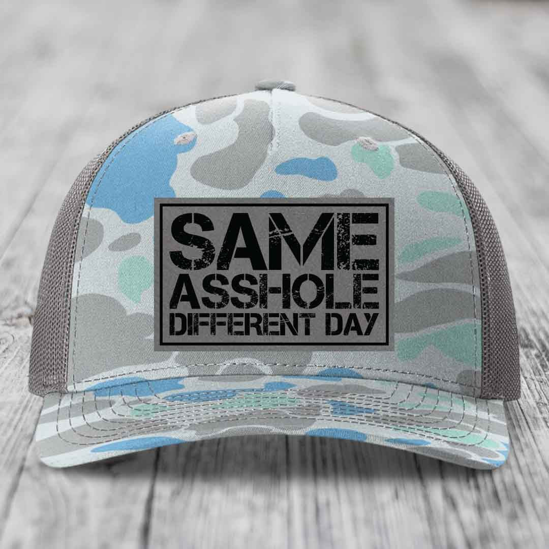 Same Asshole, Different Day - Leather Patch Hat - Grey to Black Patch - Richardson 112PFP Snapback Trucker Hat