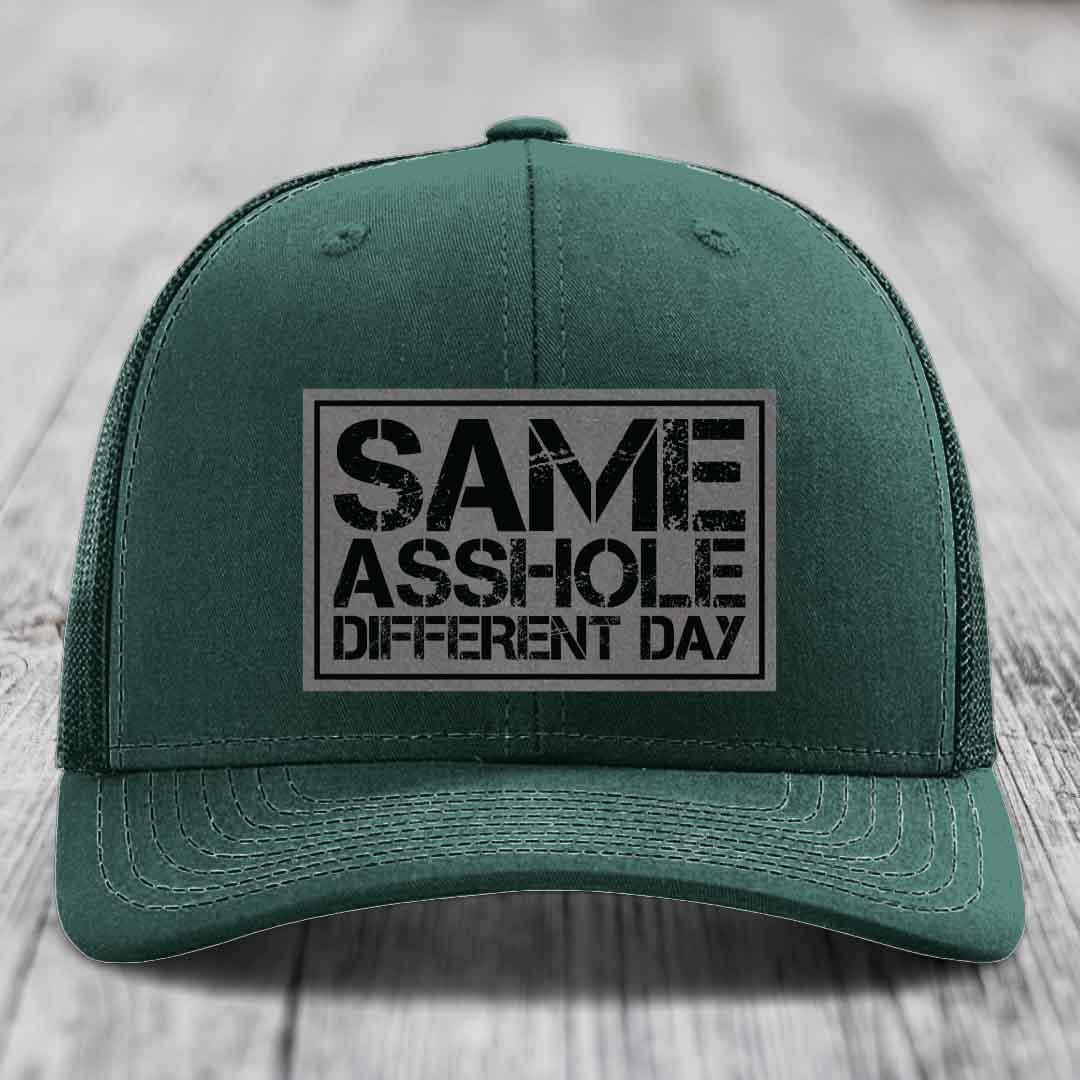 Same Asshole, Different Day - Leather Patch Hat - Grey to Black Patch - Richardson 112 Snapback Trucker Hat